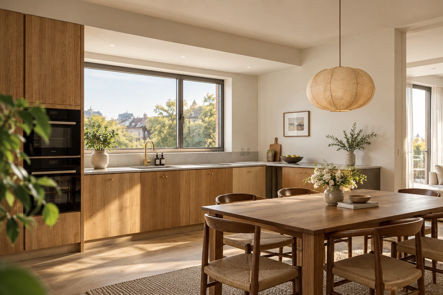Cinematic kitchen and dining interior